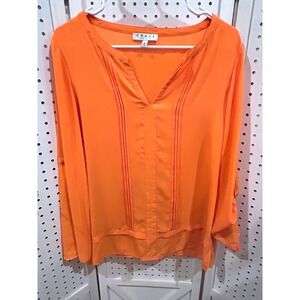CHAUS New York Orange V Neck Pleated Long Sleeve Casual Blouse Top Size M